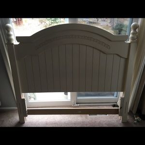 Headboard with matching dresser and bookcase.